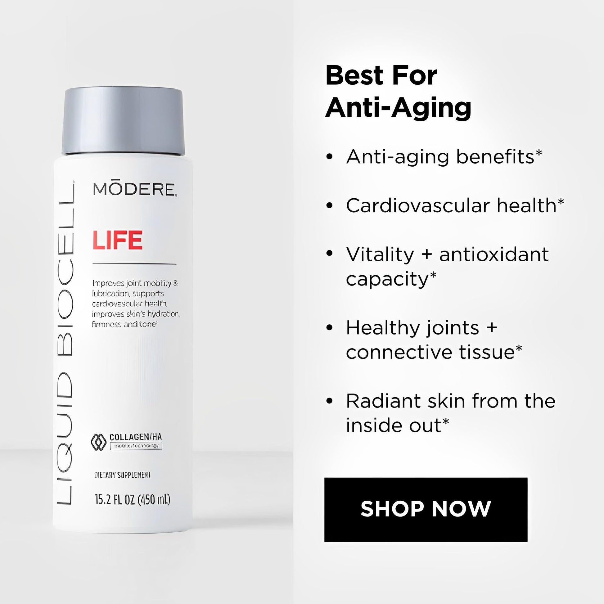 Liquid BioCell Life collagen supplement by Modere for joint health and skin vitality.