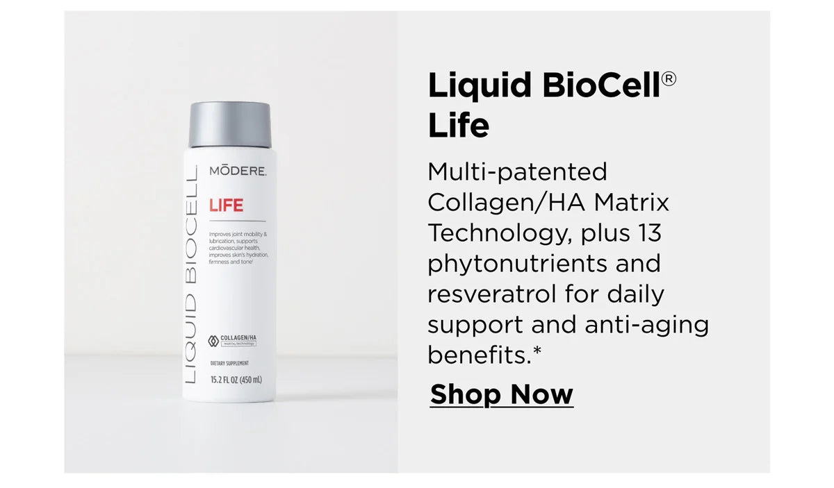 Liquid BioCell Life collagen supplement by Modere for joint health and skin vitality.